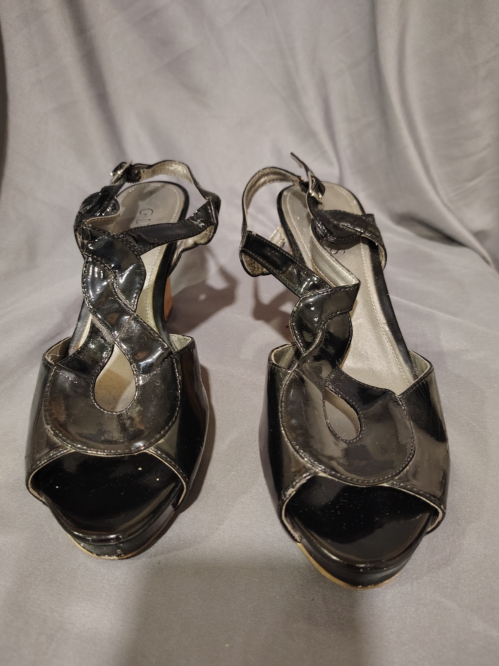Guess Black Patent Open-Toe Slingback Heels with Cutout Detail